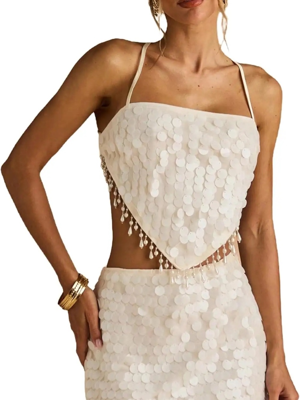 White Sequin Halter Crop Top with Beaded Fringe - Women Swim
